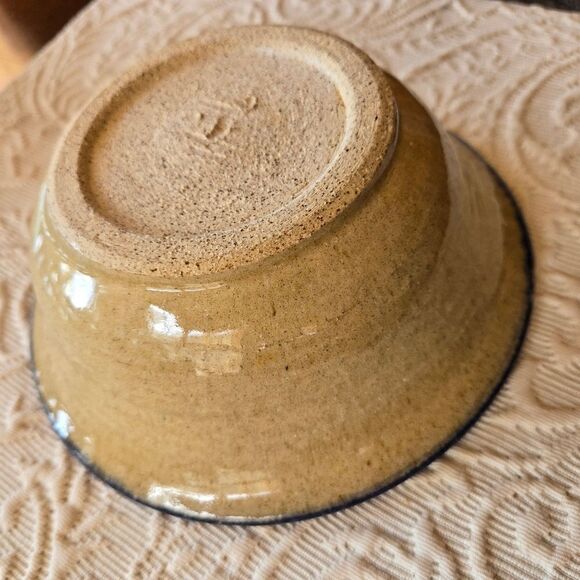 Handcrafted Ceramic Bowl with Blue and Tan Stripes - Picture 5 of 8